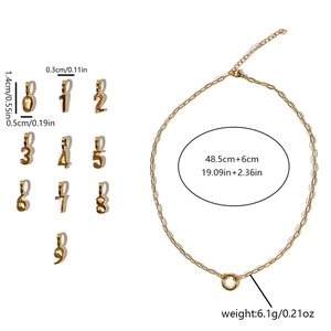 Minimalist 18K gold plated number pendant necklace with size and weight parameters