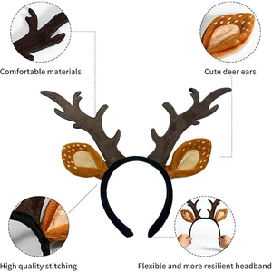 Detail view of plush reindeer ears and antlers on a flexible Christmas headband