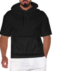 Men's casual black short sleeve hoodie with drawstring hood and front kangaroo pocket