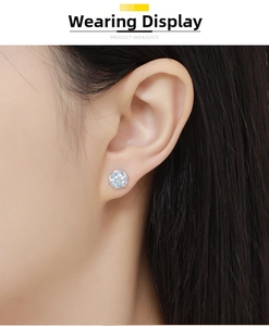Close-up of classic six-prong stud earring with a round brilliant cut stone on ear