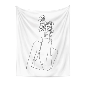 Detail of female figure line art with floral head on modern minimalist wall tapestry