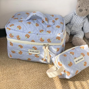 Quilted blue bear cosmetic bag set with large tote and pouch for toiletries