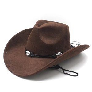 Chapeau De Cow-Boy Western Simili Daim Large Bord Cordon Coupe-Vent Réglable Bande Tressée Perles Fleurs Vintage