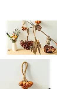 Close-up of natural pine cones and dried pods with rustic jute rope for home decor