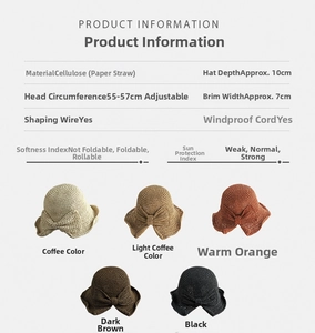 Gráfico detallado de cinco colores de sombreros de paja con correas ajustables