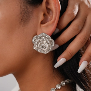 Gros plan de boucles d'oreilles roses argentées étincelantes portées par un mannequin