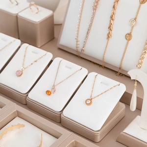 Elegant gold necklace and jewelry set displayed on professional luxury display stands