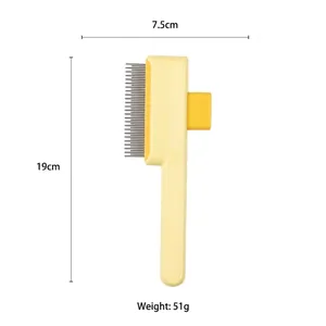 Self-cleaning pet grooming brush with 19cm length and 7.5cm width in yellow color