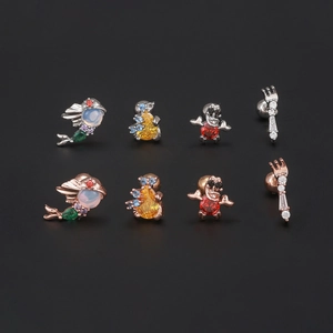 Creative stainless steel ear studs with colorful zircon in silver and rose gold finishes