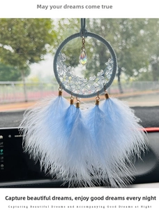 Dettaglio dell'acchiappasogni blu per auto con piume e cristalli sullo specchietto