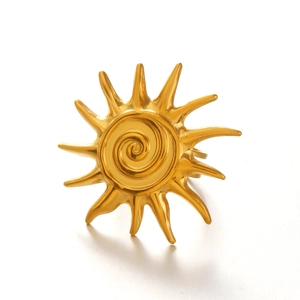 Vintage golden stainless steel sun ring featuring spiral texture on a minimalist white background
