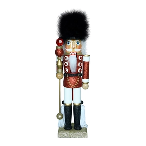 35cm Christmas Nutcracker King with faux fur hat and red scepter on wooden base