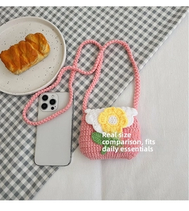 Handmade crochet flower mini crossbody bag cute pink yarn knitted shoulder coin purse.