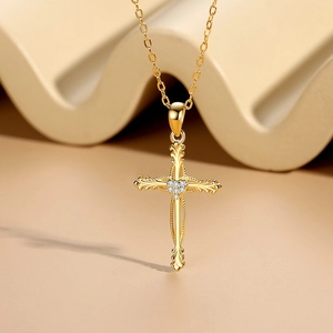 Vintage gold cross pendant necklace for women with heart shaped sparkling crystals