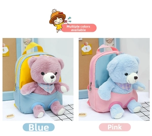 Detail of cute teddy bear plush inside the front pocket of a colorful kids' backpack