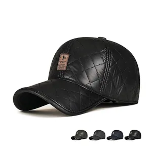 Winter Quilted Baseball Cap With Earflaps Windproof Thermal Outdoor Sport Hat For Men Adjustable Faux Leather Patch