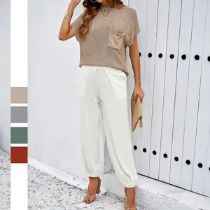 Women Knitted Short Sleeve Top And Cuffed Jogger Pants Casual Vacation Viscose Clothing With Chest Pocket