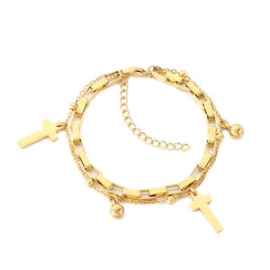 Double-layered 18K gold plated stainless steel cross bracelet with polished beads