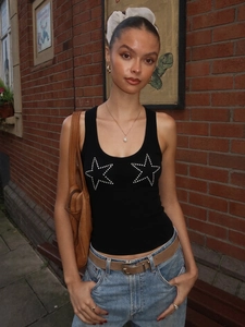 Slim fit black sleeveless top for women with stylish rhinestone star patterns