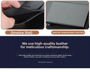 Detail of premium leather wallet featuring dedicated bill slot and anti-degaussing card holder