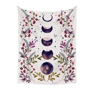 Detailed watercolor moon phase tapestry featuring floral patterns and butterflies on fabric
