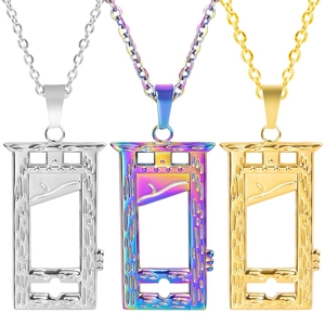Unique guillotine pendant necklaces in gold, silver and rainbow stainless steel