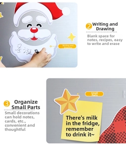 Close-up of writable magnetic Santa fridge sticker and star magnet on metal surface