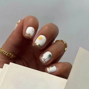 Matte White Press On Nails Desert Sunset Hand Painted Palm Tree Moon Star Abstract Landscape False Nails Fashion Women
