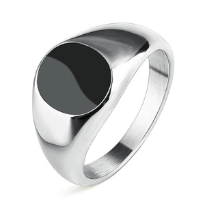 Minimalist silver stainless steel signet ring with a round black polished top inlay