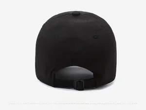 Rear view of black baseball cap showing adjustable strap and smooth fabric finish