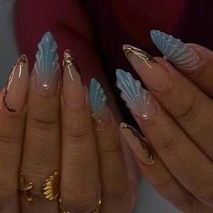 Almond Press On Nails Gradient Blue 3D Shell Artificial Pearl Starfish Marine Style Artificial False Fingernails