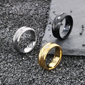 Detailed view of stainless steel rings with feather texture and inlaid zircon stone