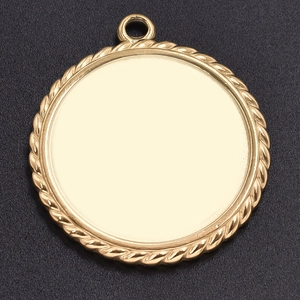 Macro view of a gold-toned circular pendant base with twisted rope edges for DIY jewelry