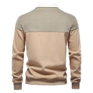 Back view detail of khaki and army green color block long sleeve Polo sweatshirt for men