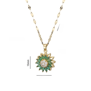 Draaibare zonnebloemketting met groene zirkonia en gouden schakelketting voor dames