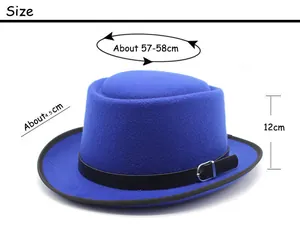 Size chart for wool felt fedora hat showing 57-58cm circumference and 12cm height