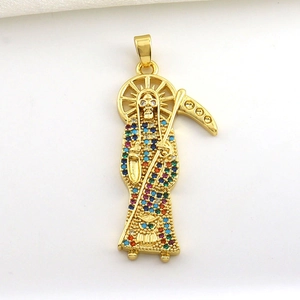 Detailed macro view of gold-plated Santa Muerte pendant with multi-colored zirconia stones