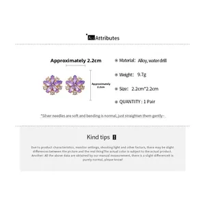 Detail view showing dimensions of purple flower earrings with gold base and rhinestones