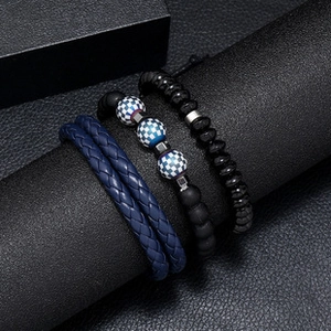 Three-piece men's leather braided bracelet set with black beads and blue patterns