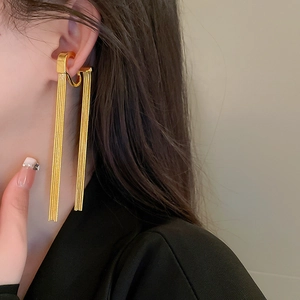 Detail shot of long gold tassel earrings on a model showing elegant metallic fringe style
