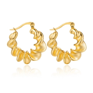 Polished gold plated stainless steel twisted hoop earrings with elegant texture