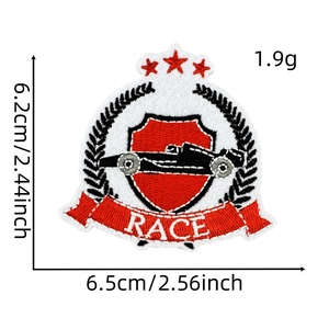 Detail of RACE embroidery patch with dimensions 6.5cm x 6.2cm and weight 1.9g