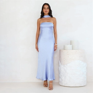 Detail of light blue satin evening dress with matching choker and elegant strapless design