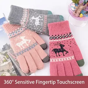 Winter thermal knit gloves with elk pattern and 360 sensitive touchscreen fingertips