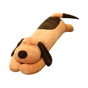 Cute brown plush puppy dog stuffed animal in sleeping position for bed decor