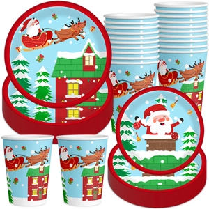 Vaisselle Jetable Noël Assiettes Papier Gobelets Couverts Plastique Père Noël Renne Décorations Fête Festive Dessin Animé