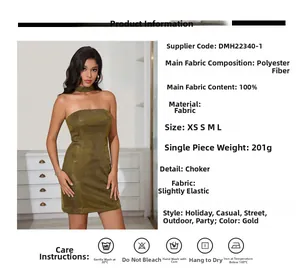 Detail chart of gold sequin party dress showing 100% polyester fabric and sizing information