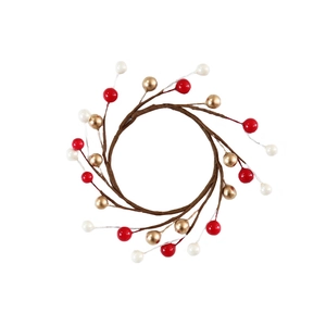 Christmas candle ring with artificial red, gold and white berries on a twig base