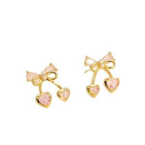 Pink zircon bow earrings with heart-shaped cherry drops in 18K gold-plated finish