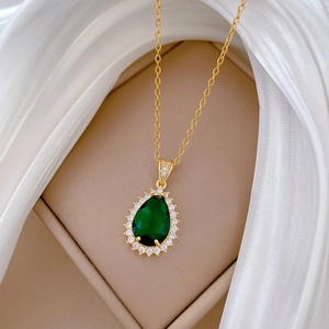 Titanium steel necklace featuring a green pear-cut gemstone pendant in a gift box